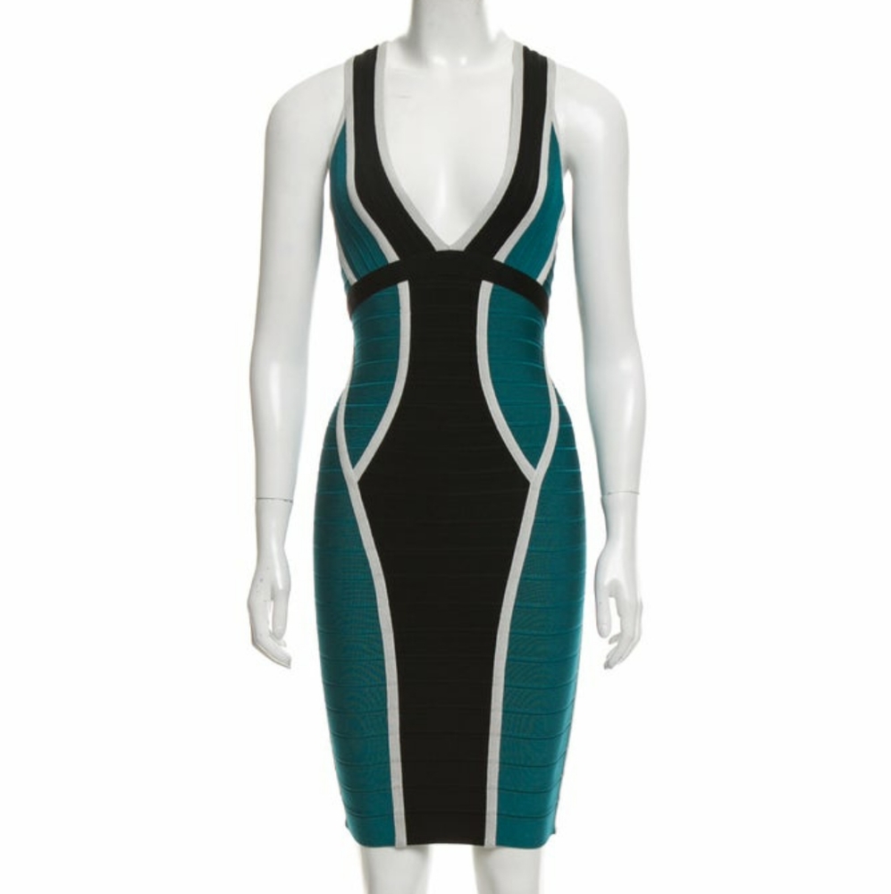 NEW Black Teal HERVE LEGER Eyvette Bandage Dress - Picture 2 of 8